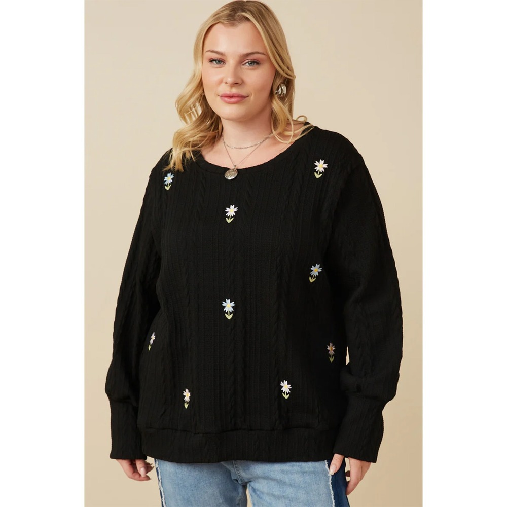 Hayden LA Daisy Embroidered Cable Knit Sweater Black Boho Women 2XL